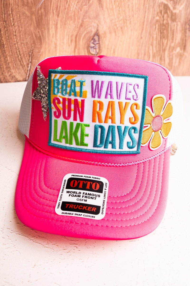 Boat Waves Sun Rays Lake Days Neon Pink Trucker Hat - Wholesale Accessory Market