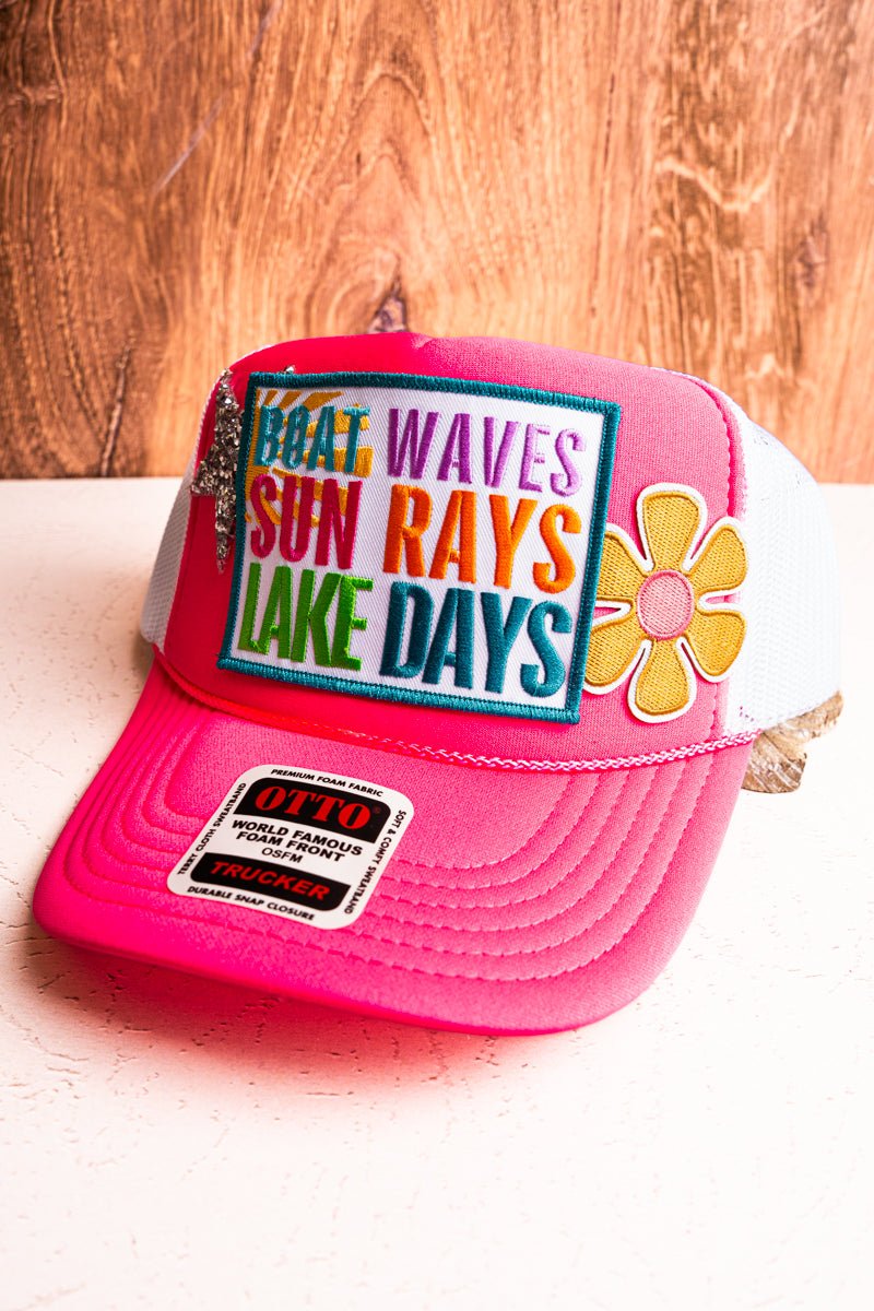 Boat Waves Sun Rays Lake Days Neon Pink Trucker Hat - Wholesale Accessory Market