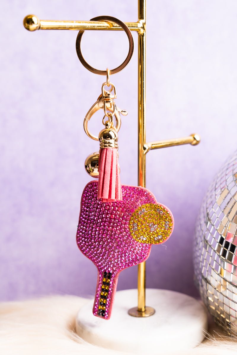 Crystal Avenue Crystal Encrusted Pink Pickle Ball Time Keychain - Wholesale Accessory Market