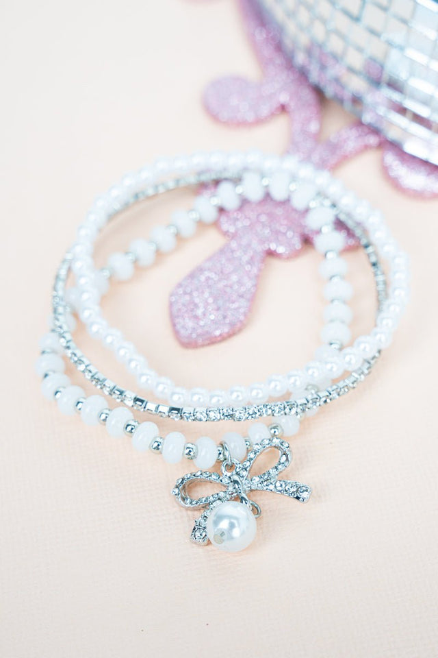 Crystal Avenue Davina Pearl & Crystal Bow Beaded Silvertone Bracelet Set - Wholesale Accessory Market