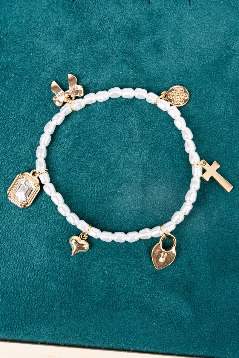 Crystal Avenue Daphne Pearl Charm Goldtone Bracelet - Wholesale Accessory Market