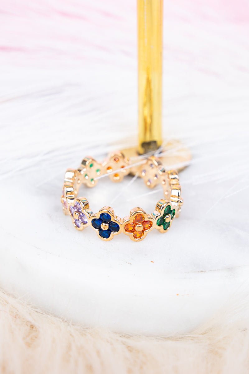 Crystal Avenue Multi Color Cubic Zirconia Quatrefoil Goldtone Cuff Ring - Wholesale Accessory Market