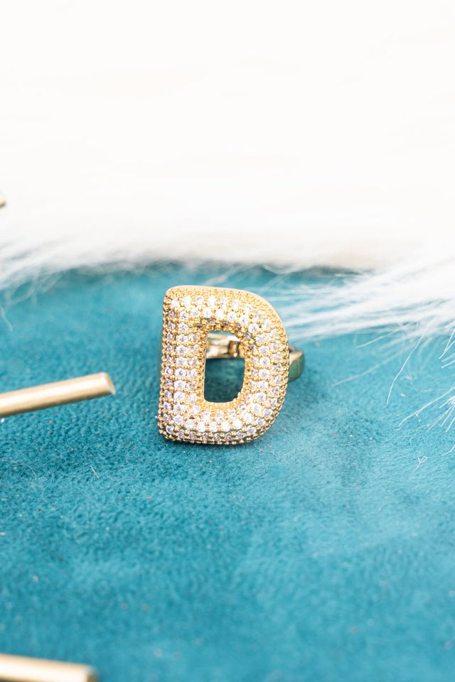 Crystal Avenue Goldtone Crystal Pave "D" Cuff Ring - Wholesale Accessory Market