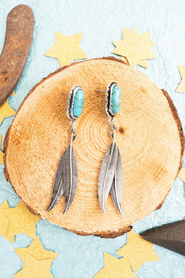 TIPI Turquoise Feather Sound Silvertone Earrings - Wholesale Accessory Market