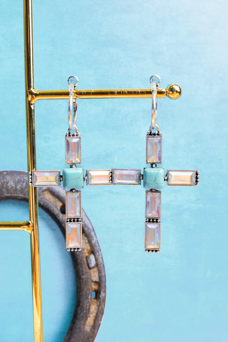 TIPI Crystal Cross Silvertone and Turquoise Earrings - Wholesale Accessory Market