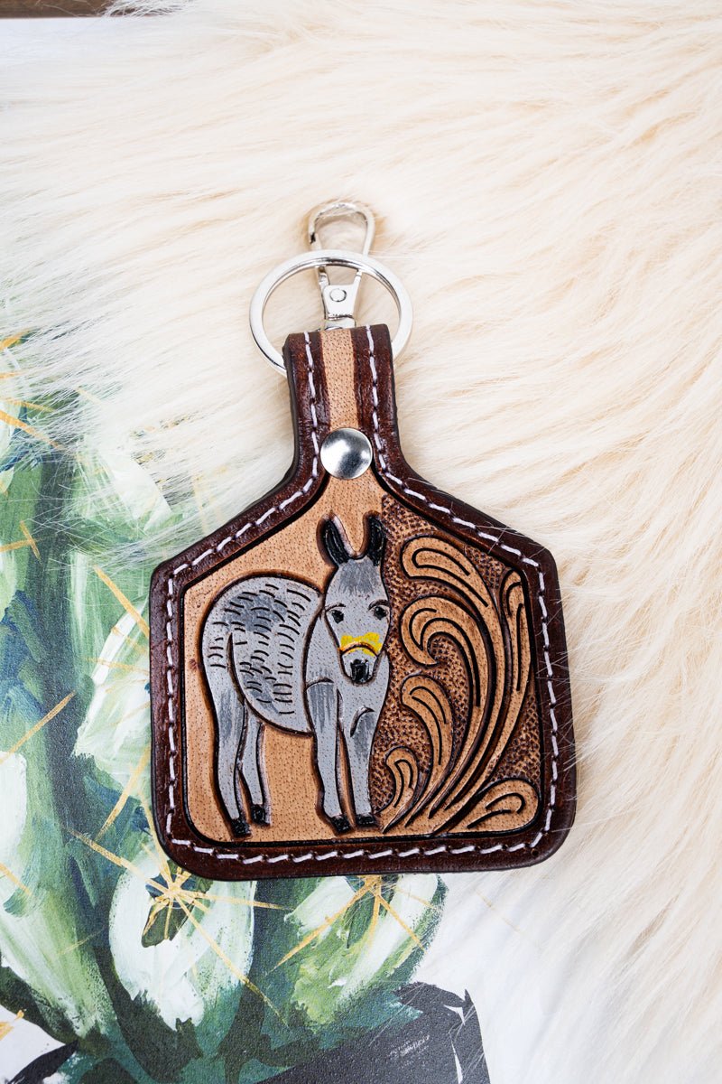 TIPI Dolly Donkey Tooled Cattle Tag Keychain - Wholesale Accessory Market