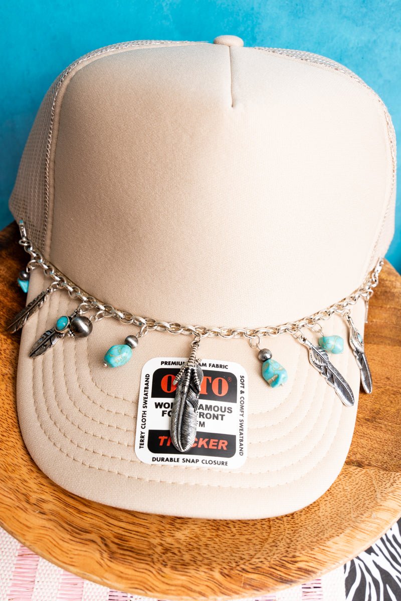 TIPI Silvertone & Turquoise Bead Feather Charm Hat Chain - Wholesale Accessory Market