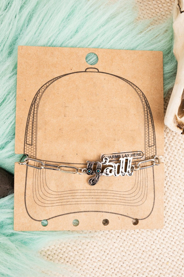 TIPI Script Y'all Turquoise Silvertone Trucker Hat Chain - Wholesale Accessory Market