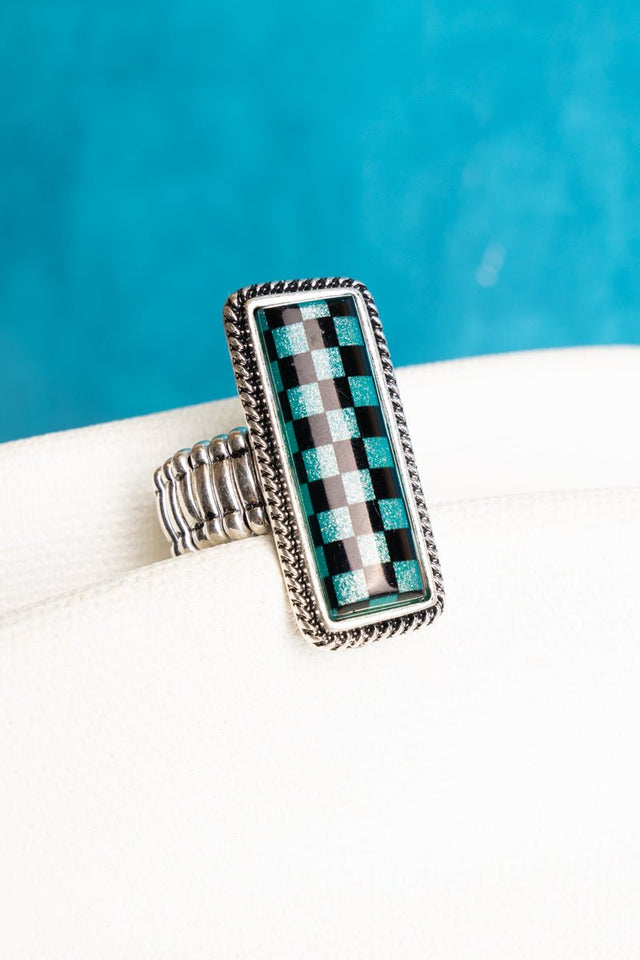 TIPI Turquoise and Black Glitter Checkerboard Stretch Silvertone Ring - Wholesale Accessory Market