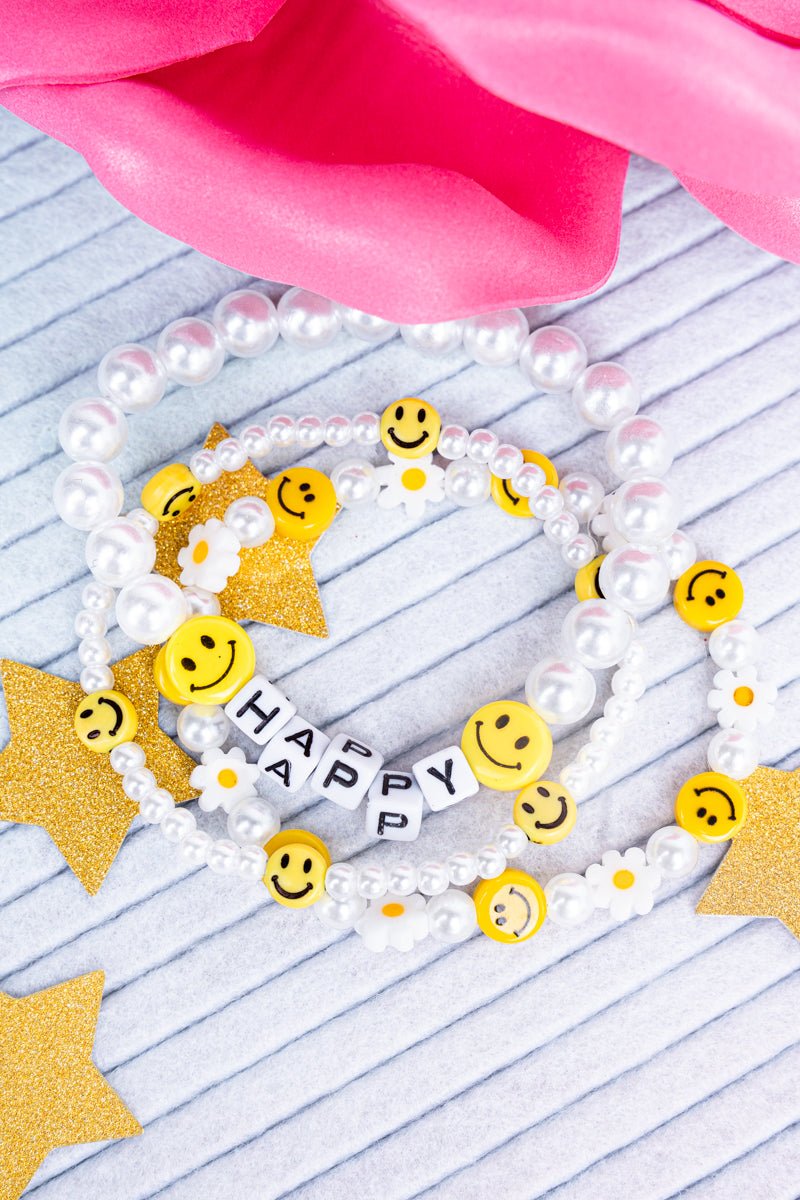 Viola Tiled Letter 'Happy' Pearl Beaded Bracelet Set - Wholesale Accessory Market