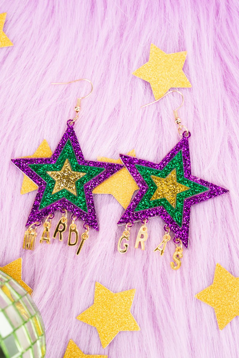 Viola Mardi Gras Glitter Mirror Stars Earrings - Wholesale Accessory Market