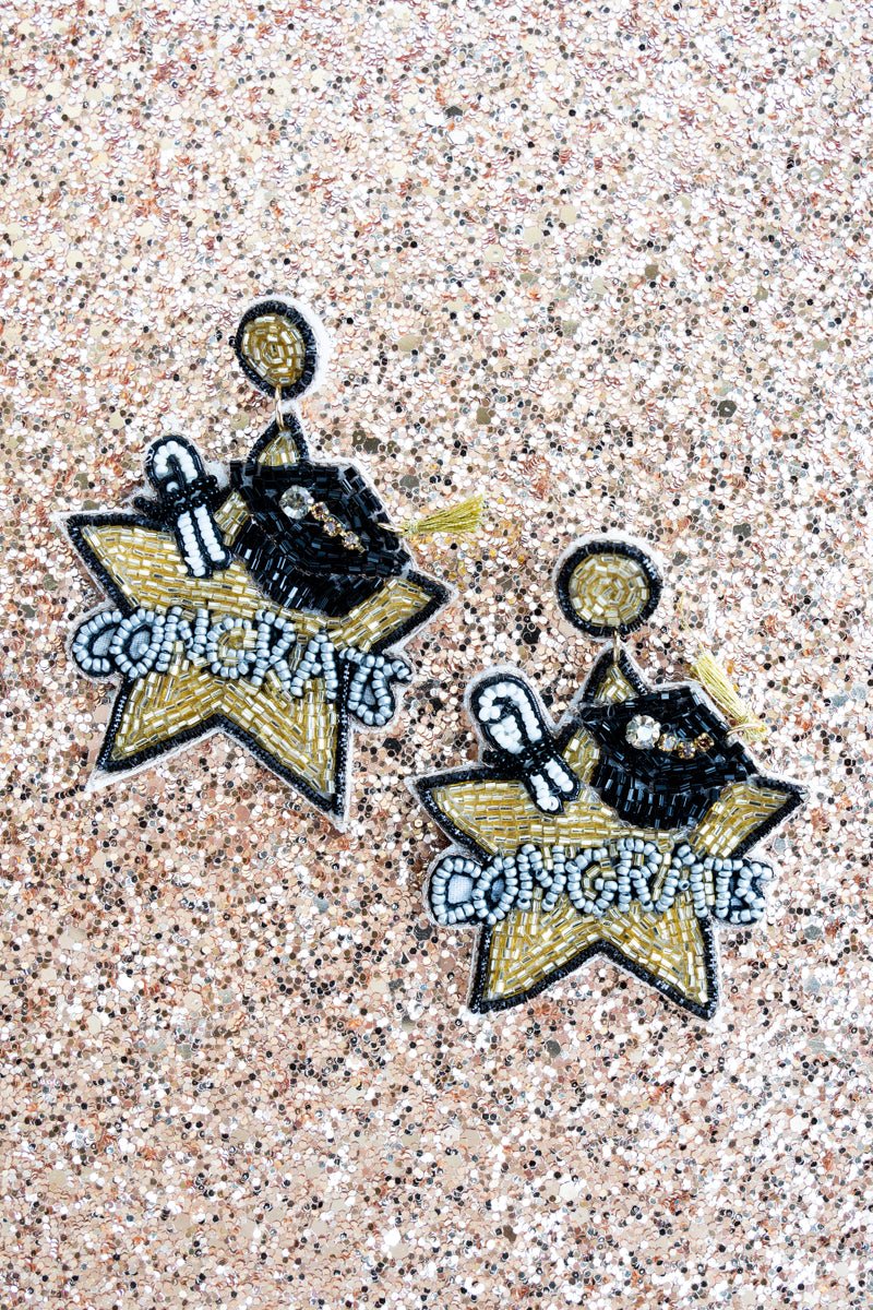 Viola Black and Gold 'Congrats' Graduation Star Seed Bead Earrings - Wholesale Accessory Market