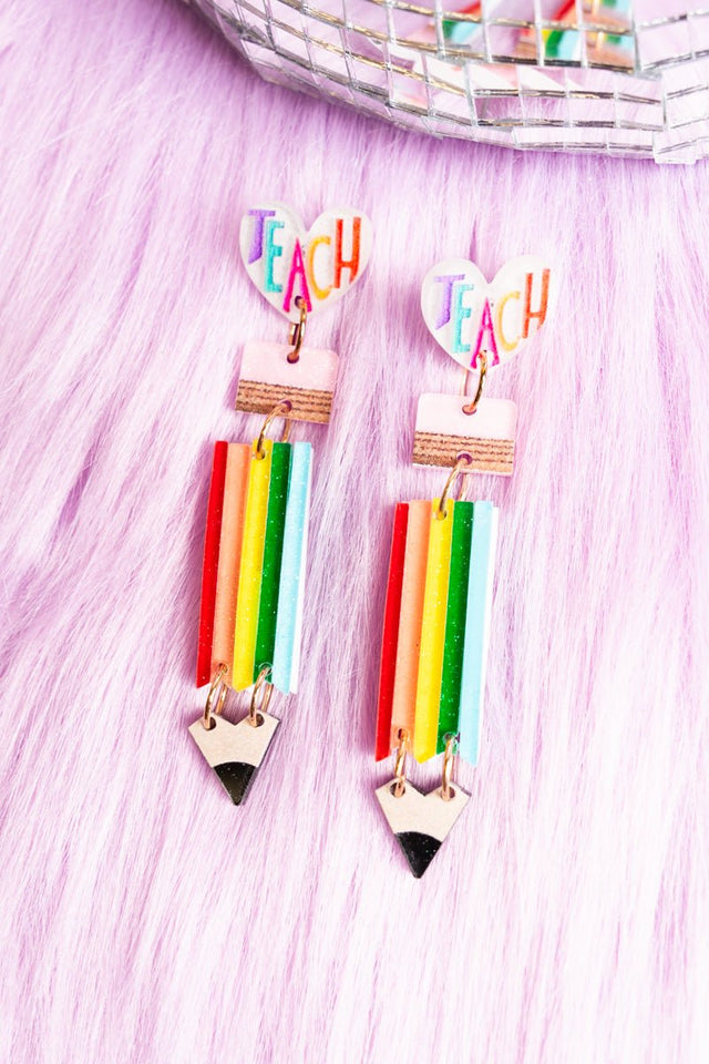 Viola Teach Rainbow Pencil Acrylic Earrings - Wholesale Accessory Market