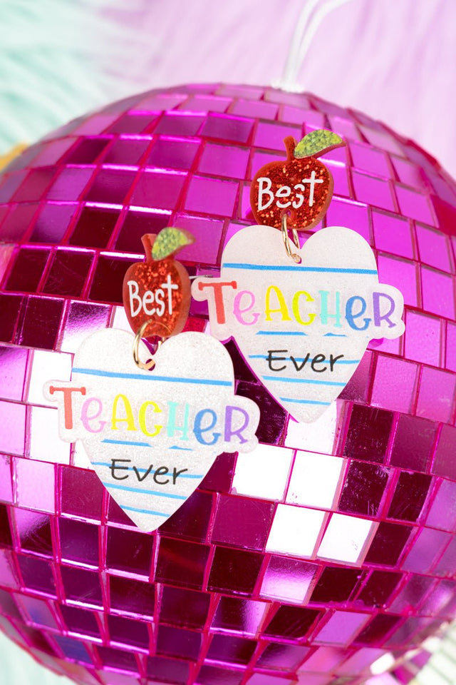 Viola Best Teacher Ever Heart Acrylic Earrings - Wholesale Accessory Market