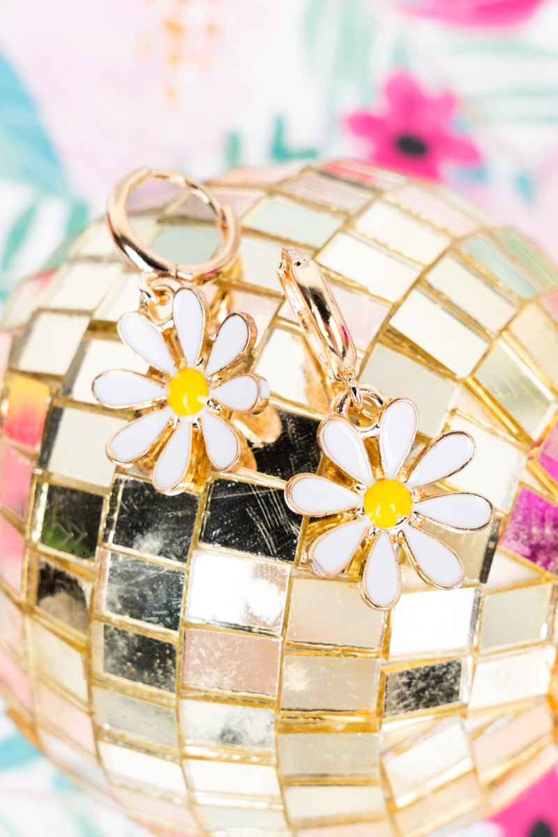 Viola White Daisy Goldtone Huggie Hoop Earrings - Wholesale Accessory Market