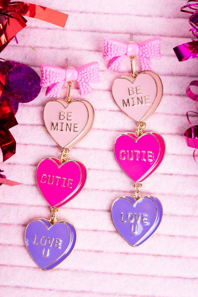 Viola Pink Ribbon Linked Conversation Hearts Goldtone Earrings - Wholesale Accessory Market