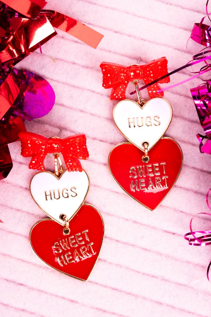 Viola Red Ribbon Hugs Sweet Heart Goldtone Earrings - Wholesale Accessory Market