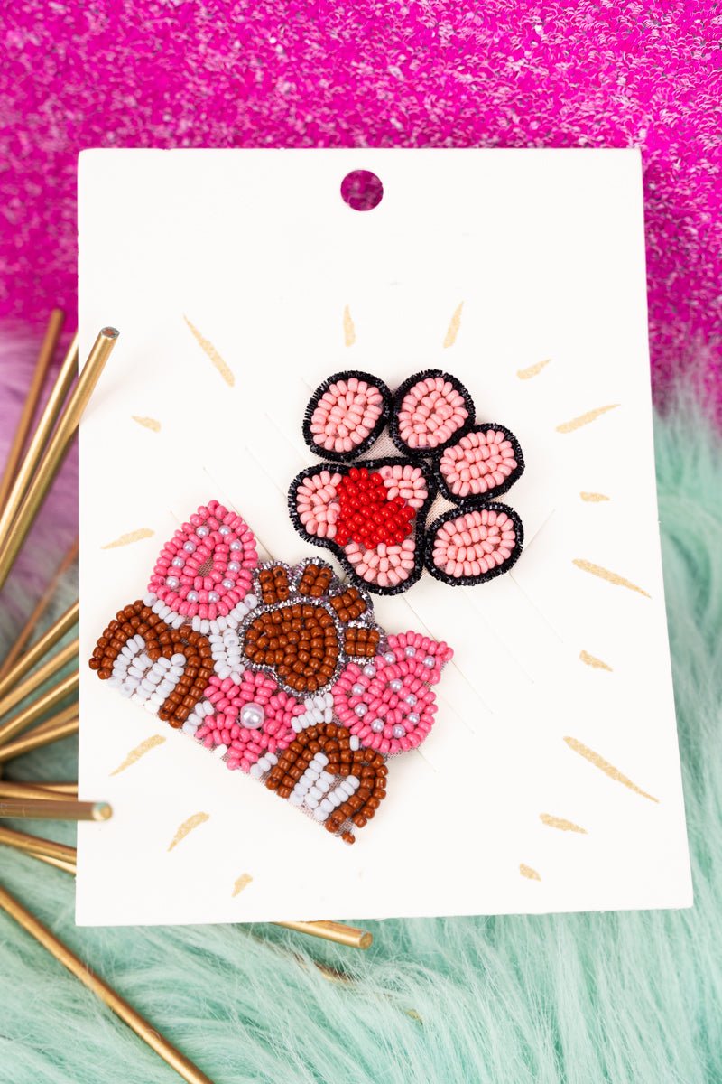 Viola Pink Paw Print & Dog Mom Seed Bead Pin Set - Wholesale Accessory Market