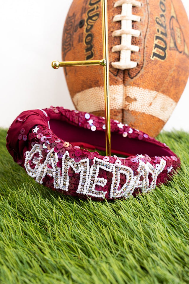 Viola Wine Gameday Seed Bead Sequin Knotted Headband - Wholesale Accessory Market