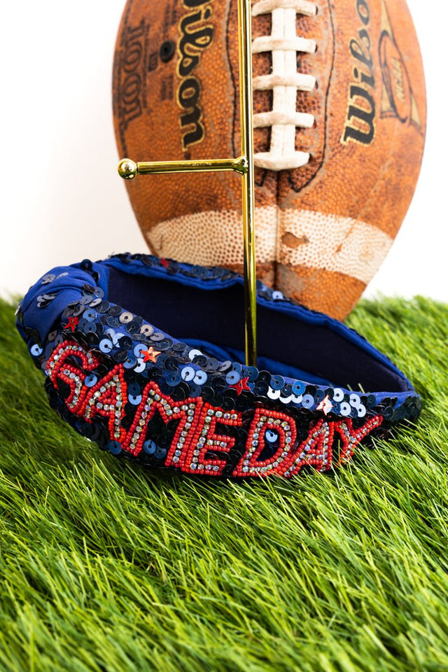 Viola Navy and Red Gameday Seed Bead Sequin Knotted Headband - Wholesale Accessory Market