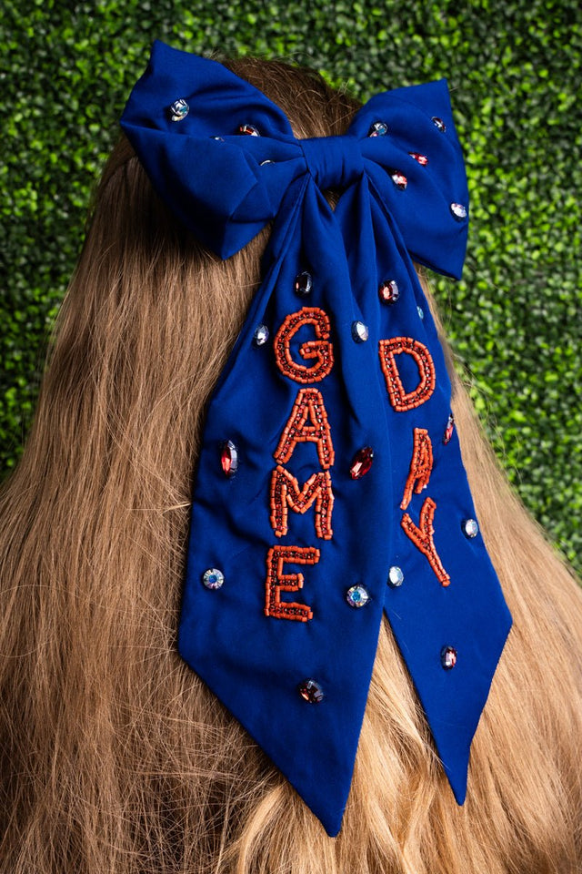 Viola Game Day Spirit Navy and Orange Hair Bow Barrette - Wholesale Accessory Market