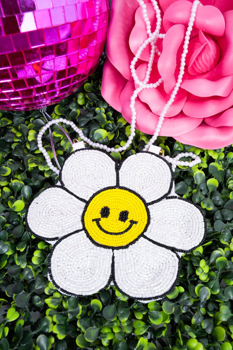 Viola Happy Face Daisy White Petite Seed Bead Purse - Wholesale Accessory Market