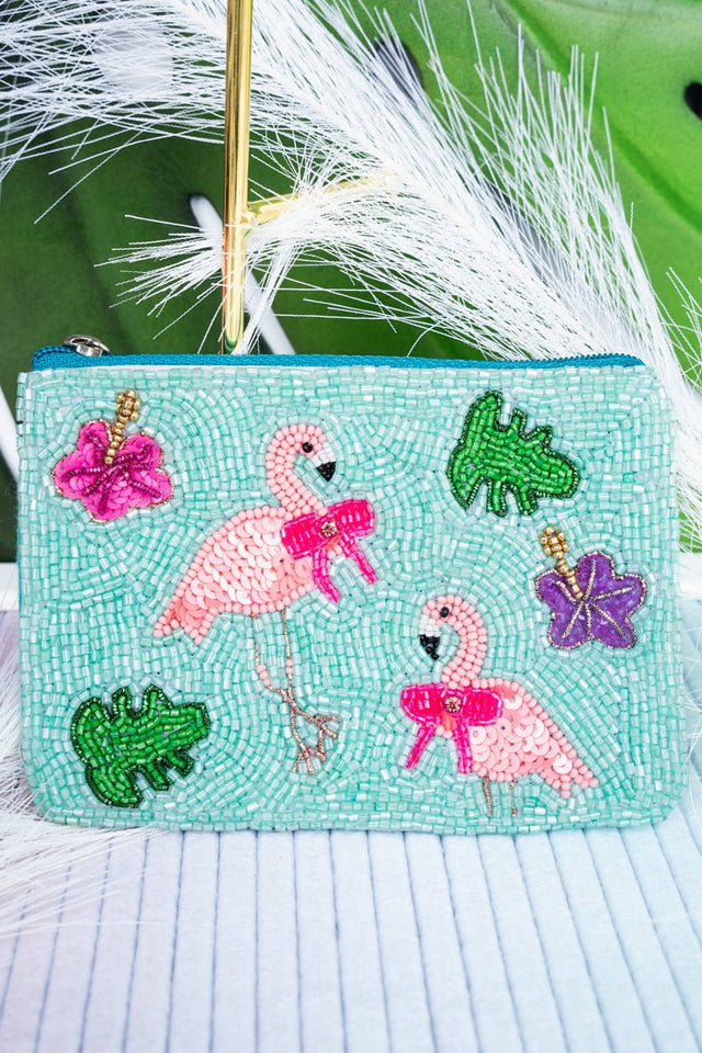 Viola Pink Flamingo Aqua Seed Bead Coin Purse - Wholesale Accessory Market