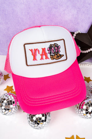 Viola Cowgirl Boots Y'all Fuchsia and White Foam Front Trucker Hat - Wholesale Accessory Market