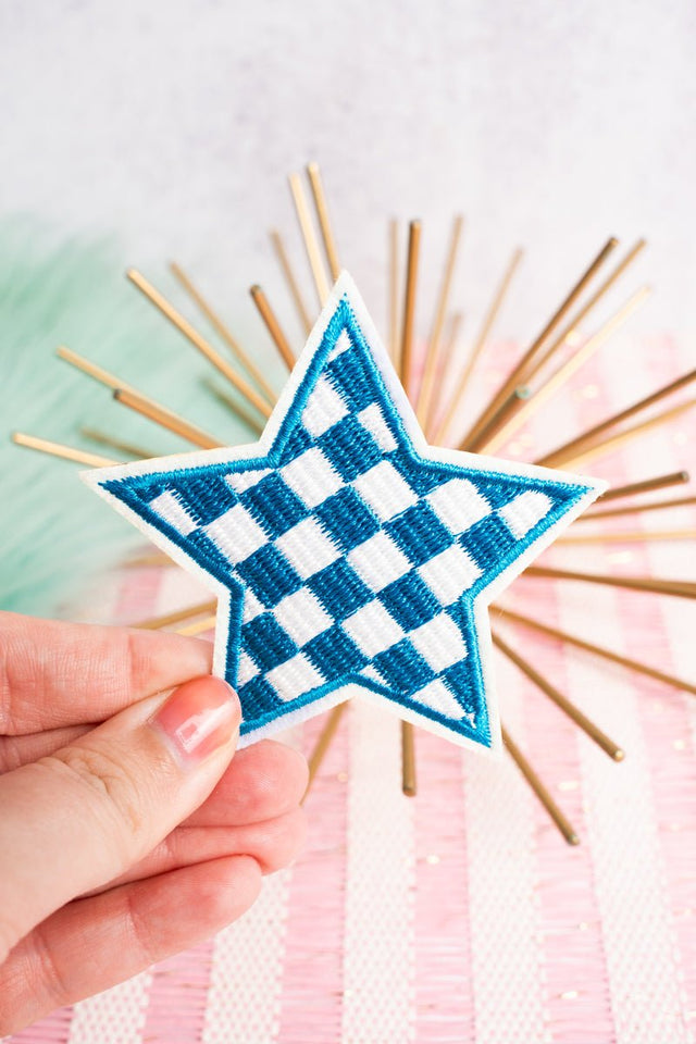 Blue Checkered Star Embroidered Patch - Wholesale Accessory Market