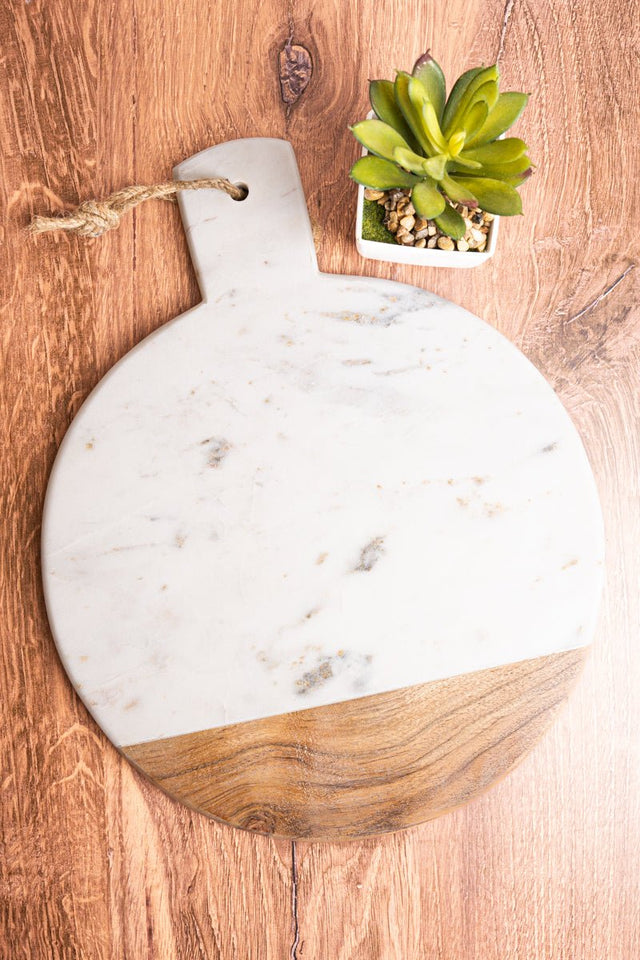 15 x 12 Antonella White Marble and Wood Round Serving Board - Wholesale Accessory Market