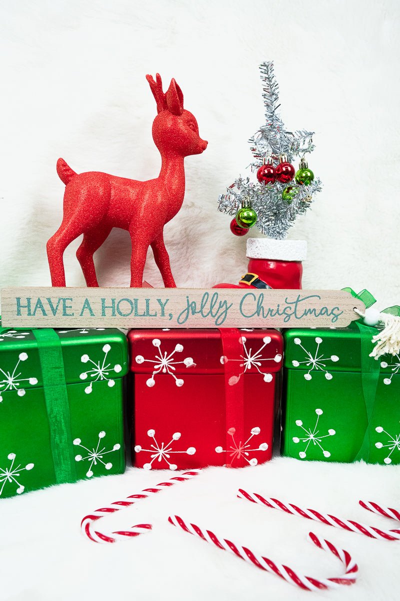 1.5 x 14.5 'Holly Jolly' Glittery Wood and Tassel Block Sign - Wholesale Accessory Market