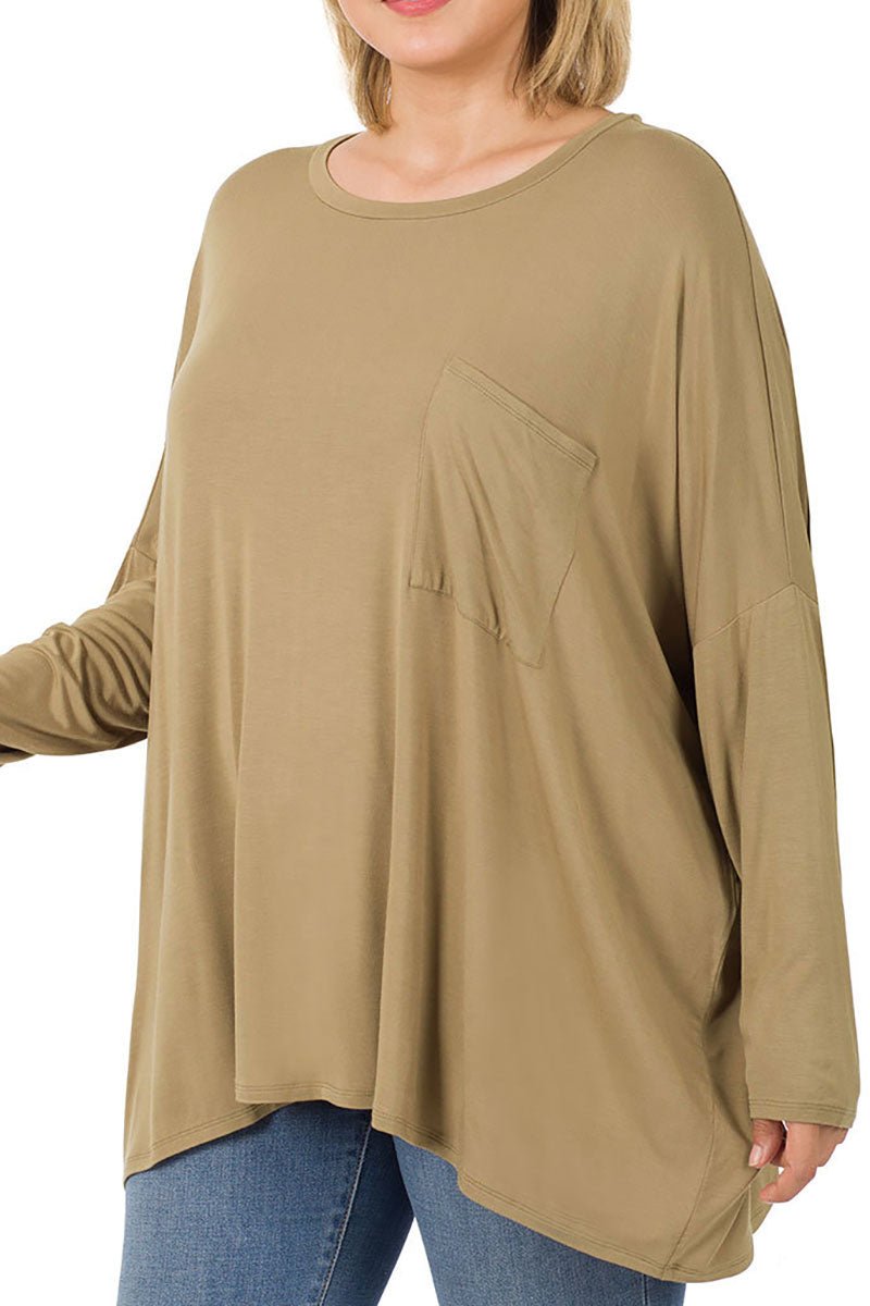 Zenana Plus Size Classic Comfort Khaki Luxe Rayon Oversized Top - Wholesale Accessory Market