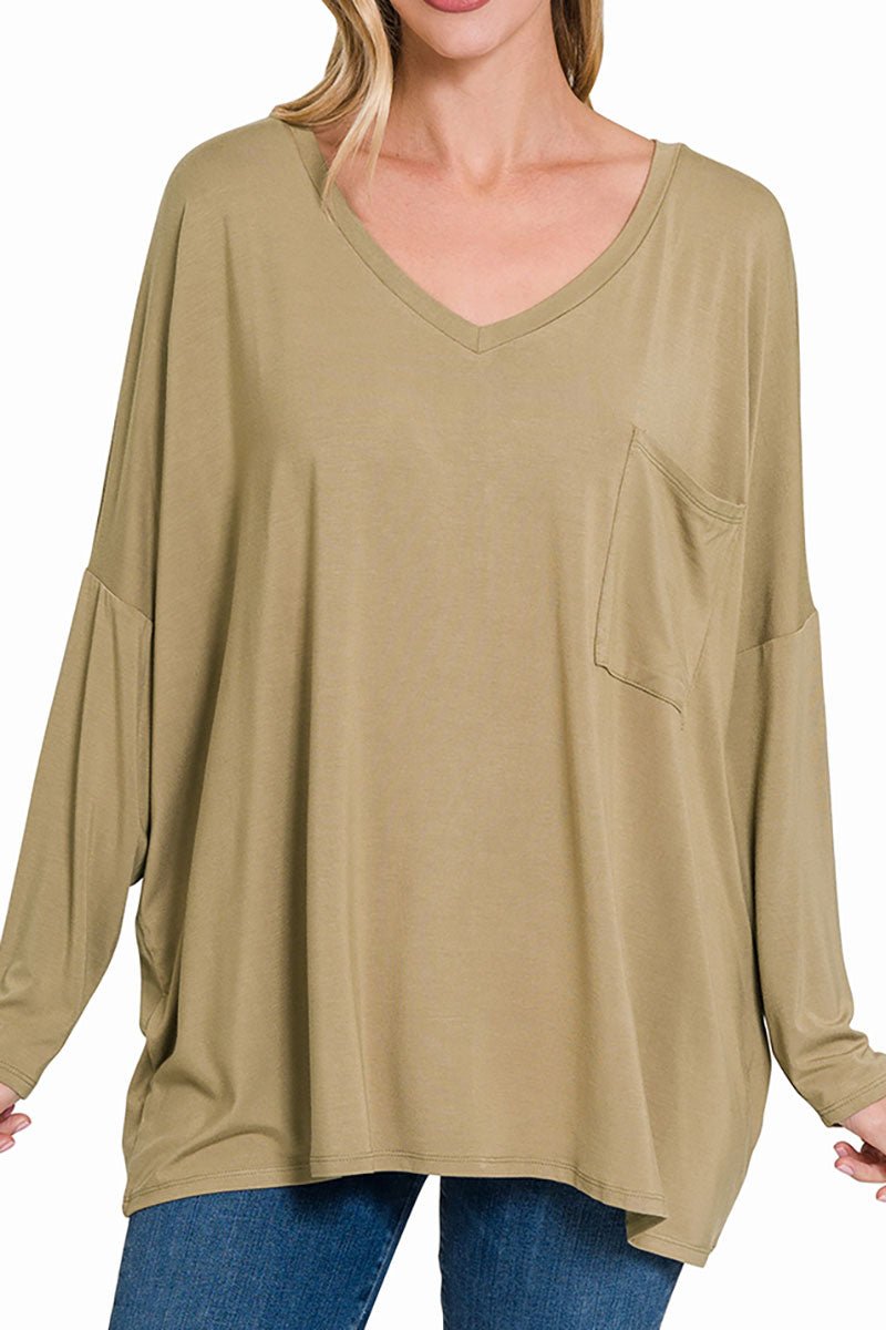 Zenana Khaki Luxe Rayon Oversized Pocket Top - Wholesale Accessory Market