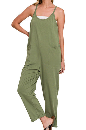 Zenana The Fun Side Light Olive Spaghetti Strap Pocket Jumpsuit - Wholesale Accessory Market