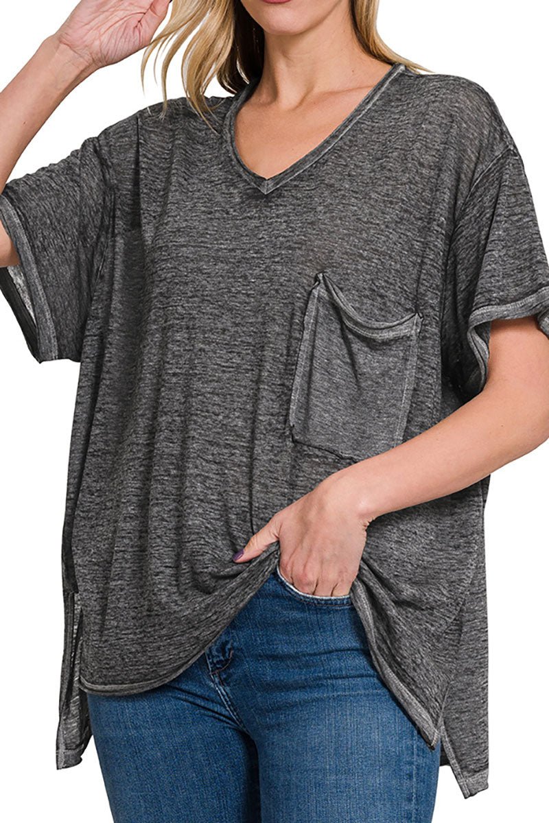 Zenana From The Beginning Ash Black Melange Burnout V - Neck Top - Wholesale Accessory Market