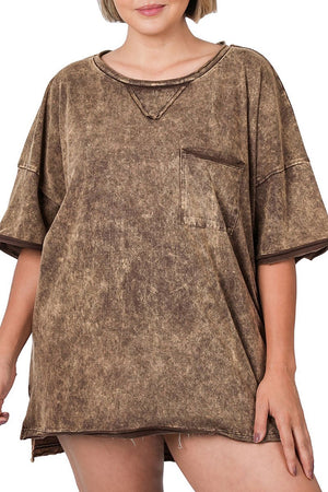 Zenana Plus Size Day To Day Rust Brown Acid Wash Top - Wholesale Accessory Market