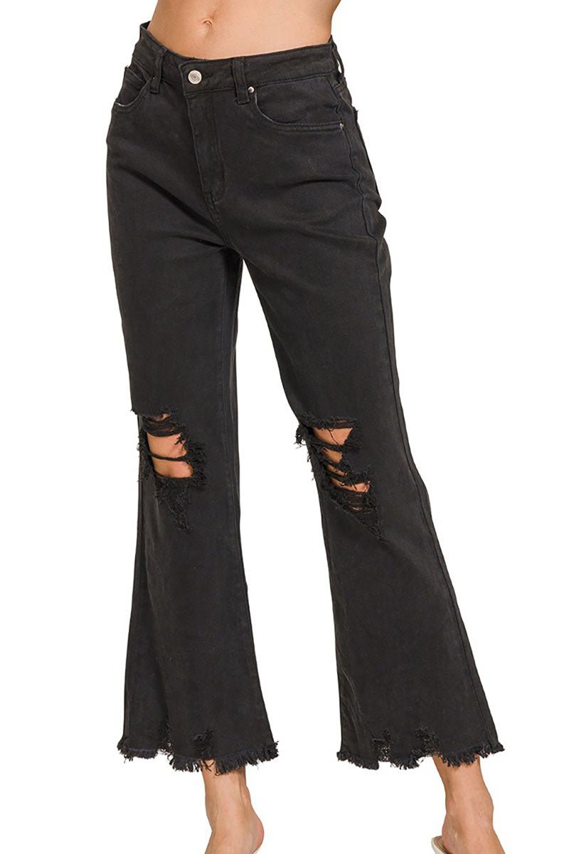 Zenana The Macie Black High Waist Distressed Straight Pants - Wholesale Accessory Market