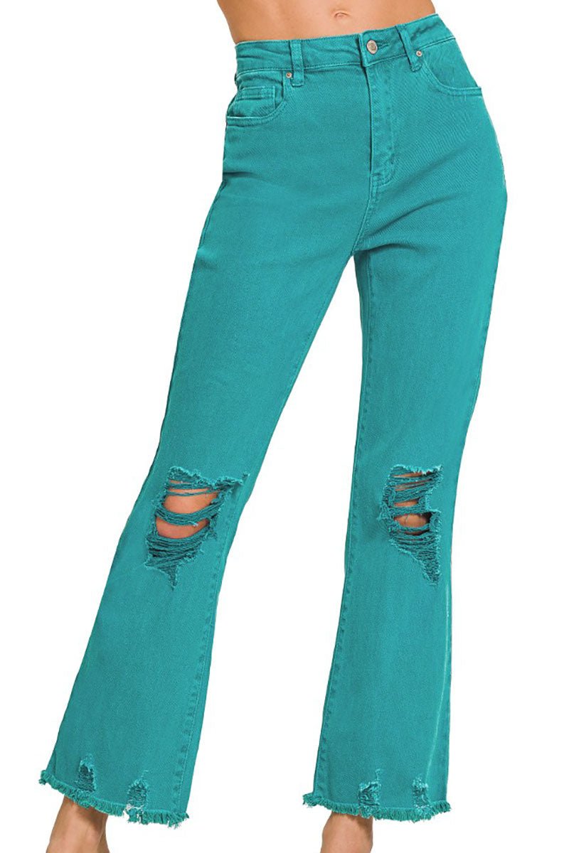 Zenana The Macie Light Teal High Waist Distressed Straight Pants - Wholesale Accessory Market