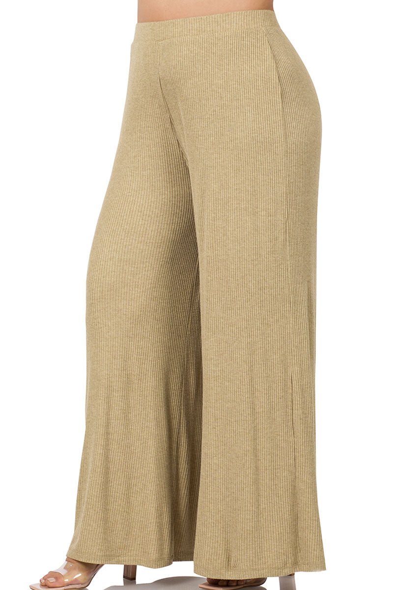 Zenana Plus Size Call On Me Dusty Olive Two - Tone Rib Pants - Wholesale Accessory Market