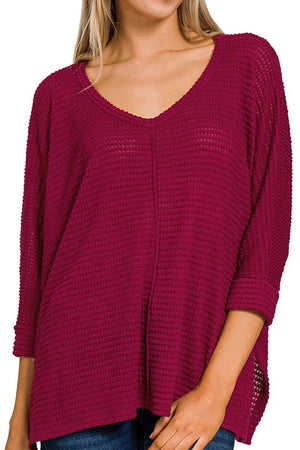 Zenana On The Way Up Cabernet 3/4 Sleeve Jacquard Sweater - Wholesale Accessory Market