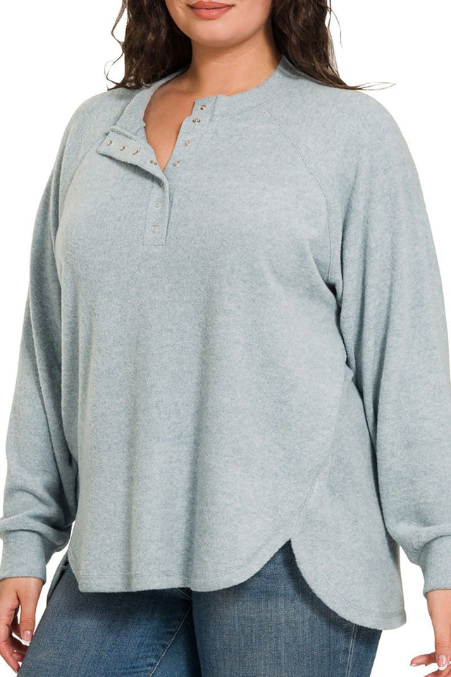 Zenana Plus Size November Nights Blue Gray Brushed Hacci Henley Sweater - Wholesale Accessory Market