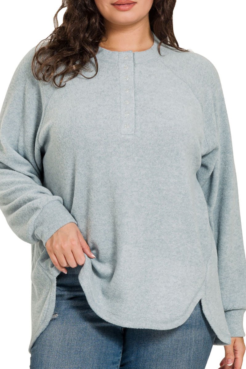 Zenana Plus Size November Nights Blue Gray Brushed Hacci Henley Sweater - Wholesale Accessory Market