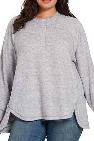 Zenana Plus Size November Nights Heather Gray Brushed Hacci Henley Sweater - Wholesale Accessory Market