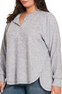 Zenana Plus Size November Nights Heather Gray Brushed Hacci Henley Sweater - Wholesale Accessory Market