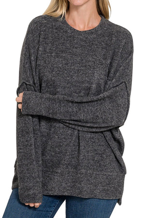 Zenana Quebec Harbour Black Brushed Melange Oversized Sweater - Wholesale Accessory Market