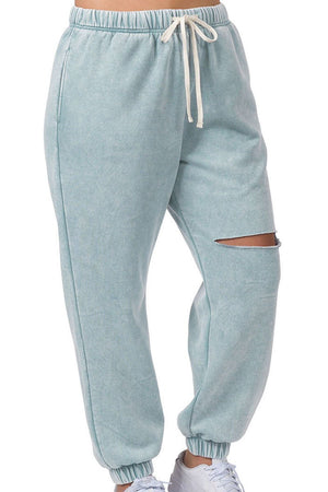 Zenana Plus Size Relaxing Vibes Blue Gray Acid Wash Laser Cut Jogger - Wholesale Accessory Market