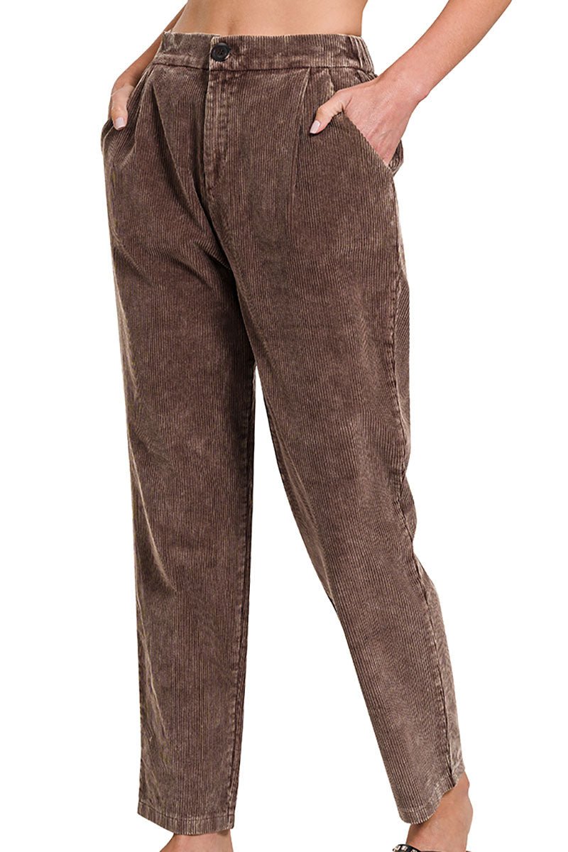 Zenana The Nikki Brown Mineral Wash Pleated Corduroy Pants - Wholesale Accessory Market