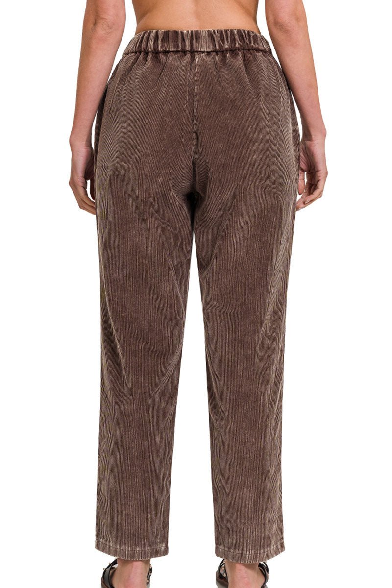 Zenana The Nikki Brown Mineral Wash Pleated Corduroy Pants - Wholesale Accessory Market