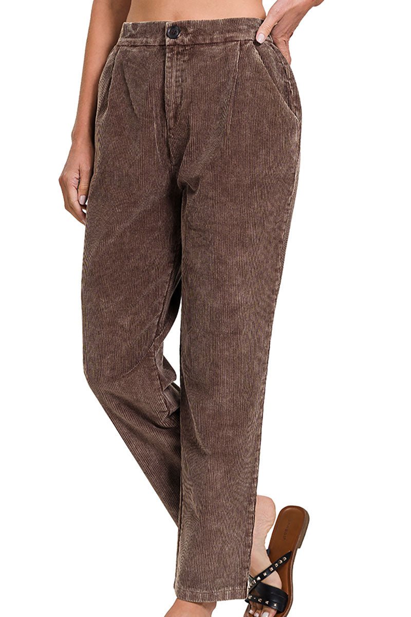 Zenana The Nikki Brown Mineral Wash Pleated Corduroy Pants - Wholesale Accessory Market