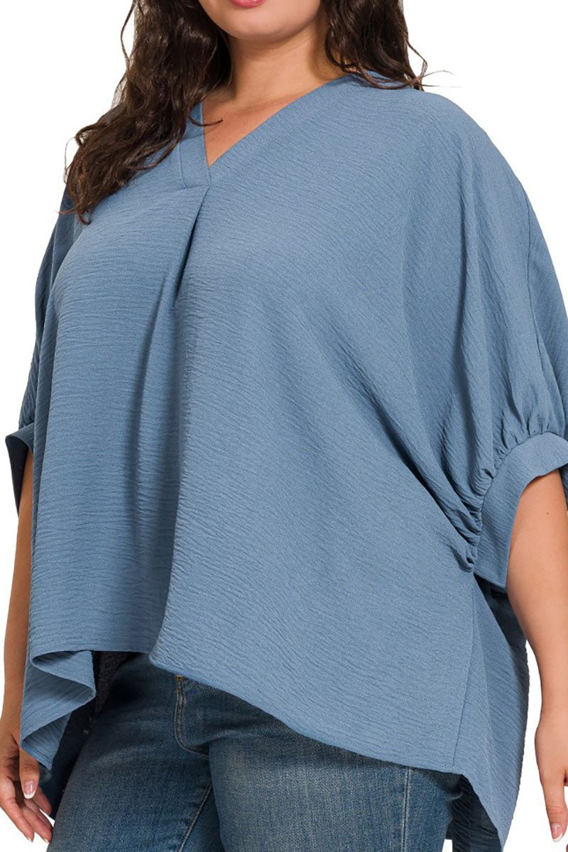 Zenana Plus Size Monterey Bay Dusty Blue Puff Sleeve V - Neck Top - Wholesale Accessory Market